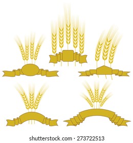 Vector Set of Wheats with Ribbons Isolated on White Background.