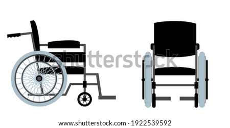 Vector set of wheelchair for disabled person, front, side view. Transport chair for disabled, sick, or injured, medical equipment. Vector flat style cartoon illustration, isolated, white background. 