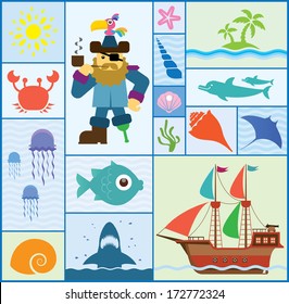 Vector set which represent various sea elements. Abstract decorative cute illustration. Graphic design elements for print and web
