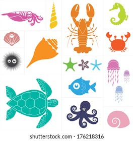 Vector set which represent various sea animals. Abstract decorative cute illustration. Graphic design elements for print and web.