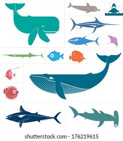 Vector set which represent various sea animals. Abstract decorative cute illustration. Graphic design elements for print and web.