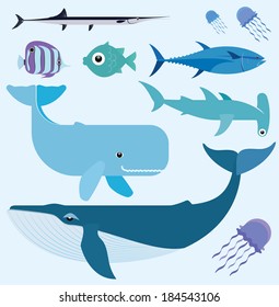 Vector set which represent various sea animals. Abstract decorative cute illustration. Graphic design elements for print and web