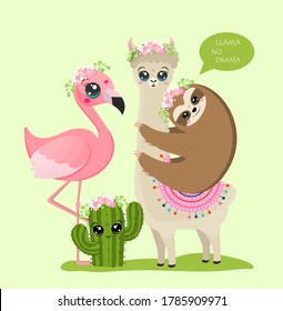 Vector ambientado en el que hay una llama, pereza, flamingo y cactus, todos los personajes de caricatura tienen ojos y pistas lindas, los animales son hechos al estilo kawaii y tienen flores. Los animales están en un fondo verde.