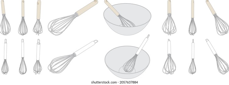 Vector set of whisk hand mixer, the egg beater tool, isolated on white
