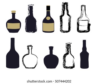 Vector set of whiskey bottles in ink hand drawn style. isolated on white.
