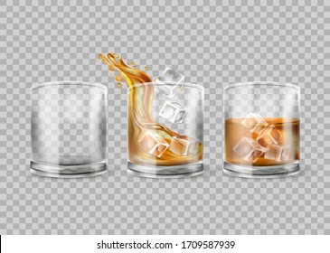 Vector set of whiskey glass isolated on transparent background. Whisky with ice. Glasses with alcohol drink, realistic illustration for bar or restaurant. 3d mockup.