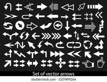 Vector set of white arrows on a black background.