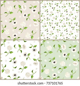 Vector set of white, beige and green seamless floral patterns.