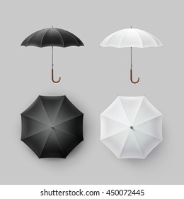 Vector Set of White Black Blank Classic Opened Round Rain Umbrella Parasol Sunshade Top Front Side View Mock up Close Isolated on Background