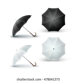 Vector Set of White Black Blank Classic Opened Round Rain Umbrella Parasol Sunshade Top Front Side View Mock up Close up Isolated on White Background