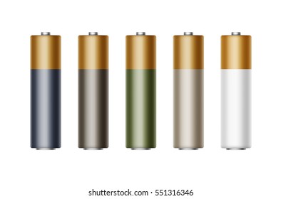 Vector Set of White Black Blue Green Glossy Alkaline AA Batteries Of Diffrent Color for branding Close up Isolated on White background