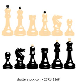 vector set of white and black chess pieces with pawns, knights, bishops, rooks, queens and kings