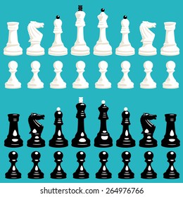 vector set of white and black chess pieces with pawns, knights, bishops, rooks, queens and kings