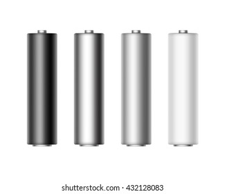 Vector Set of White Black Gray Metalic Glossy and Matt Alkaline AA Batteries Of Diffrent Color for branding Close up Isolated on White background