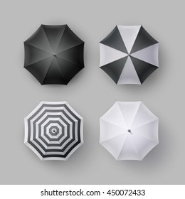 Vector Set of White Black Striped Blank Classic Opened Round Rain Umbrella Parasol Sunshade Top View Mock up Close Isolated on Background