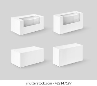 Vector Set of White Blank Cardboard Rectangle Take Away Boxes Packaging For Sandwich, Food, Gift, Other Products with Plastic Window Mock up Close up Isolated on White Background