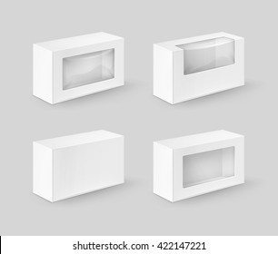 Vector Set of White Blank Cardboard Rectangle Take Away Boxes Packaging For Sandwich, Food, Gift, Other Products with Plastic Window Mock up Close up Isolated on White Background