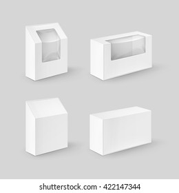 Vector Set of White Blank Cardboard Rectangle Take Away Boxes Packaging For Sandwich, Food, Gift, Other Products with Plastic Window Mock up Close up Isolated on White Background