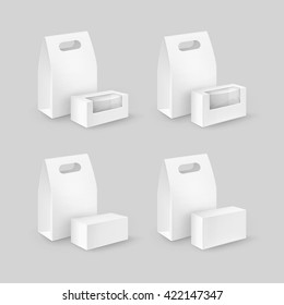 Vector Set of White Blank Cardboard Rectangle Take Away Handle Lunch Boxes Packaging For Sandwich, Food, Gift, Other Products with plastic windows Mock up Close up Isolated on White Background
