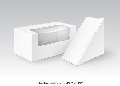 Vector Set of White Blank Cardboard Rectangle Triangle Take Away Boxes Packaging For Sandwich, Food, Gift, Other Products with Plastic Window Mock up Close up Isolated on White Background
