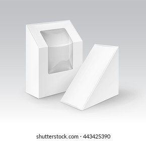 Vector Set Of White Blank Cardboard Rectangle Triangle Take Away Boxes Packaging For Sandwich, Food, Gift, Other Products With Plastic Window Mock Up Close Up Isolated On White Background