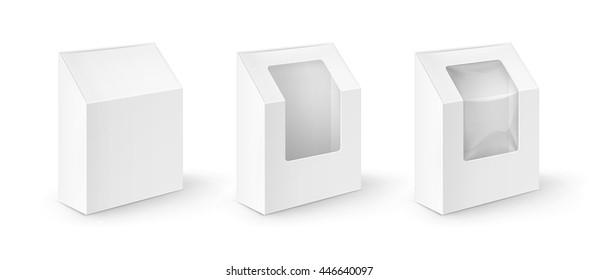 Vector Set of White Blank Cardboard Rectangle Take Away Boxes Packaging For Sandwich, Food, Gift, Other Products with Plastic Window Mock up Close Isolated on White Background