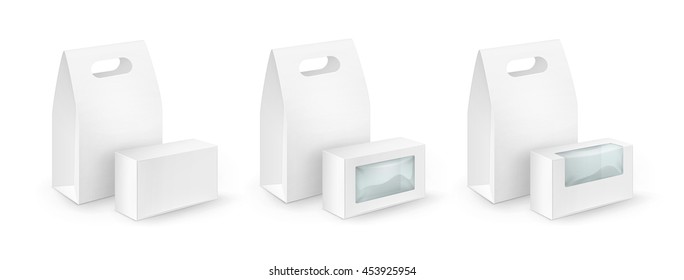Vector Set of White Blank Cardboard Rectangle Take Away Handle Lunch Boxes Packaging For Sandwich, Food, Gift, Other Products with plastic windows Mock up Close Isolated on White Background
