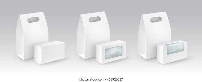 Vector Set of White Blank Cardboard Rectangle Take Away Handle Lunch Boxes Packaging For Sandwich, Food, Gift, Other Products with plastic windows Mock up Close Isolated on White Background