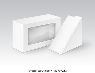 Vector Set of White Blank Cardboard Rectangle Triangle Take Away Boxes Packaging For Sandwich, Food, Gift, Other Products with Plastic Window Mock up Close up Isolated on White Background