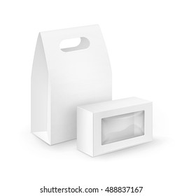 Vector Set of White Blank Cardboard Rectangle Take Away Handle Lunch Boxes Packaging For Sandwich, Food, Gift, Other Products with plastic windows Mock up Close up Isolated on White Background