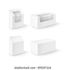 Vector Set of White Blank Cardboard Rectangle Take Away Boxes Packaging For Sandwich, Food, Gift, Other Products with Plastic Window Mock up Close up Isolated on White Background