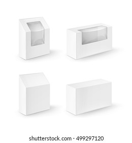 Vector Set of White Blank Cardboard Rectangle Take Away Boxes Packaging For Sandwich, Food, Gift, Other Products with Plastic Window Mock up Close up Isolated on White Background