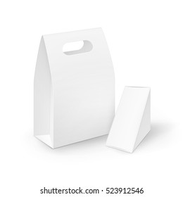Vector Set of White Blank Cardboard Rectangle Triangle Take Away Handle Lunch Boxes Packaging For Sandwich, Food, Gift, Other Products Mock up Close up Isolated on White Background