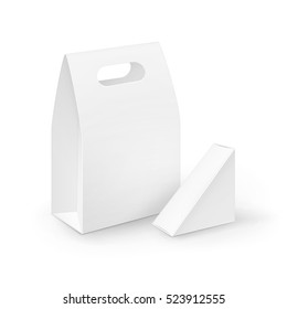Vector Set of White Blank Cardboard Rectangle Triangle Take Away Handle Lunch Boxes Packaging For Sandwich, Food, Gift, Other Products Mock up Close up Isolated on White Background