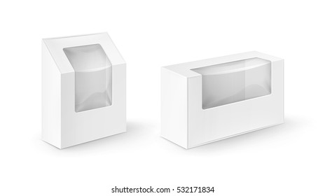 Vector Set of White Blank Cardboard Rectangle Take Away Boxes Packaging For Sandwich, Food, Gift, Other Products with Plastic Window Mock up Close up Isolated on White Background