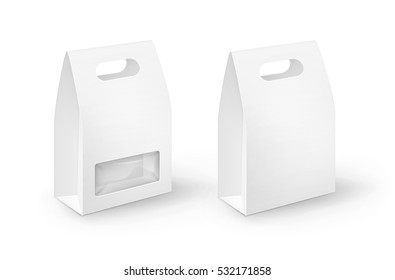 Vector Set of White Blank Cardboard Rectangle Take Away Handle Lunch Boxes Packaging For Sandwich, Food, Gift, Other Products with plastic windows Mock up Close up Isolated on White Background