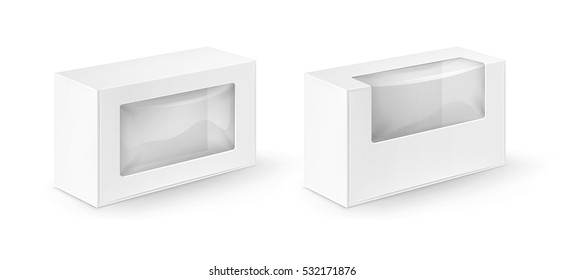 Vector Set of White Blank Cardboard Rectangle Take Away Boxes Packaging For Sandwich, Food, Gift, Other Products with Plastic Window Mock up Close up Isolated on White Background