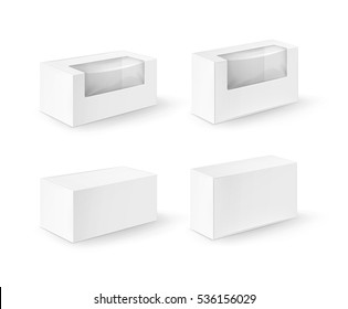 Vector Set of White Blank Cardboard Rectangle Take Away Boxes Packaging For Sandwich, Food, Gift, Other Products with Plastic Window Mock up Close up Isolated on White Background