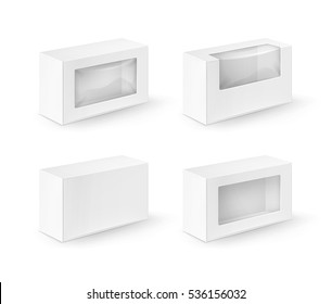 Vector Set of White Blank Cardboard Rectangle Take Away Boxes Packaging For Sandwich, Food, Gift, Other Products with Plastic Window Mock up Close up Isolated on White Background