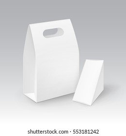 Vector Set of White Blank Cardboard Rectangle Triangle Take Away Handle Lunch Boxes Packaging For Sandwich, Food, Gift, Other Products Mock up Close up Isolated on White Background