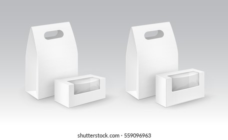 Vector Set of White Blank Cardboard Rectangle Take Away Handle Lunch Boxes Packaging For Sandwich, Food, Gift, Other Products with plastic windows Mock up Close up Isolated on White Background