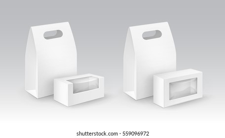 Vector Set of White Blank Cardboard Rectangle Take Away Handle Lunch Boxes Packaging For Sandwich, Food, Gift, Other Products with plastic windows Mock up Close up Isolated on White Background