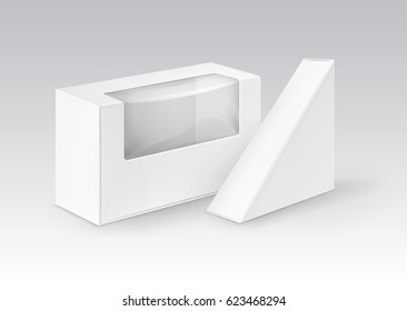 Vector Set of White Blank Cardboard Rectangle Triangle Take Away Boxes Packaging For Sandwich, Food, Gift, Other Products with Plastic Window Mock up Close up Isolated on White Background