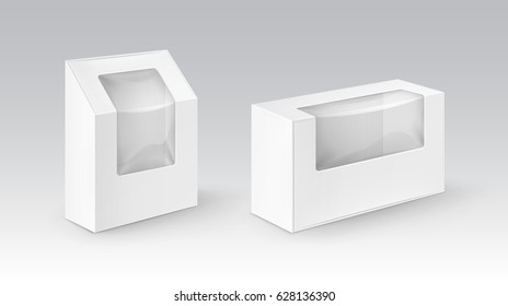 Vector Set of White Blank Cardboard Rectangle Take Away Boxes Packaging For Sandwich, Food, Gift, Other Products with Plastic Window Mock up Close up Isolated on White Background