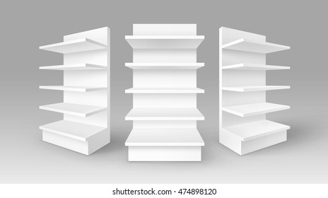 Vector Set Of White Blank Empty Exhibition Trade Stands Shop Racks With Shelves Storefronts Isolated On Background