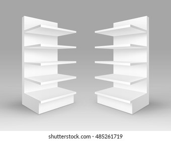 Vector Set of White Blank Empty Exhibition Trade Stands Shop Racks with Shelves Storefronts Isolated on Background