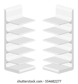 Vector Set of White Blank Empty Exhibition Trade Stands Shop Racks with Shelves Storefronts Isolated on Background