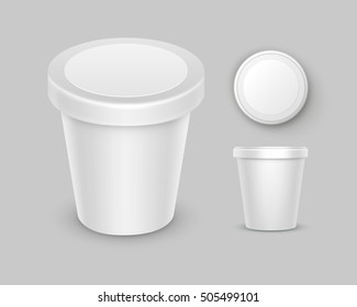 Vector Set of White Blank Food Plastic Tub Bucket Container For Dessert, Yogurt, Ice Cream, Sour Cream with Label for Package Design Mock Up Close up Top Side View Isolated on White Background