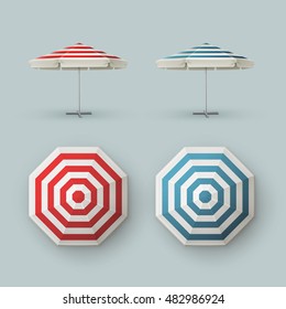 Vector Set Of White Blank Red Blue Striped Patio Outdoor  Market Beach Cafe Bar Pub Restaurant Round Umbrella Parasol   For Branding Top Side View Mock Up Close Isolated On Background