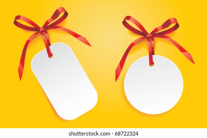 Vector set of white blank sales tags with red ribbon
